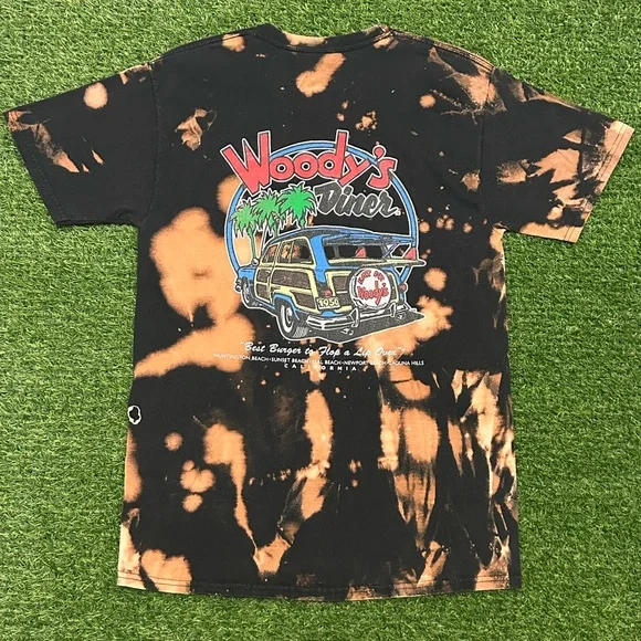 Woody’s Diner Bleach Tie-Dye Tee – Custom Streetwear Surf Vibe Size Medium - Picture 2 of 7